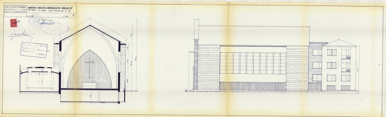 Sezione trasversale e prospetto su via San Giovanni in Conca. Scala 1:100, 11 maggio 1955