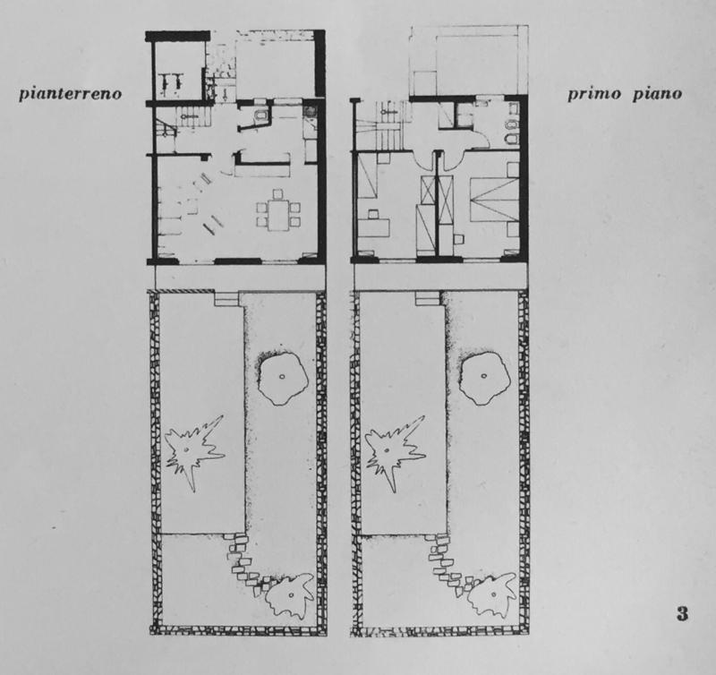 Case unifamiliari a schiera (a due piani) degli architetti Fiocchi e Nizzoli. Piante dei piani terreno e primo 