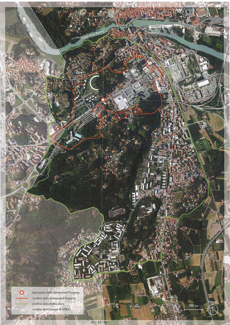 Ivrea. Perimetrazione nominated property e buffer zone su base ortofoto, 2018