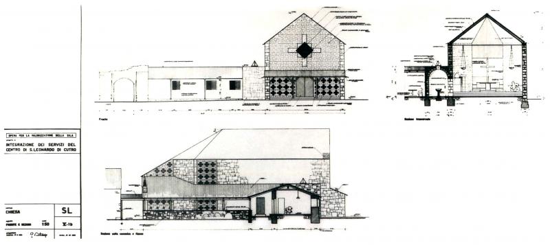 Disegno prospetto principale, prospetto laterale e sezione chiesa 