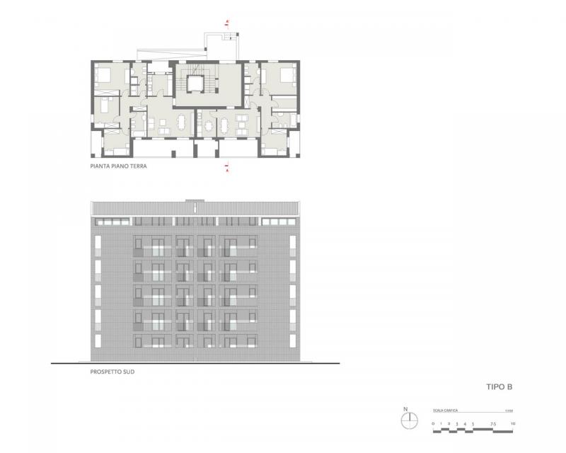 Edificio Tipo B, Pianta piano terra e prospetto sud
