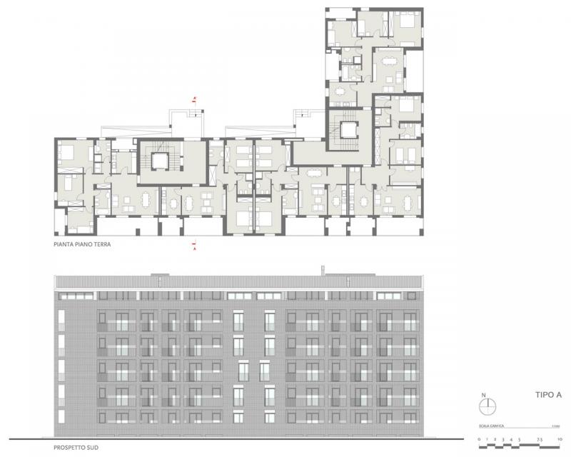 Edificio Tipo A, Pianta piano terra e prospetto sud
