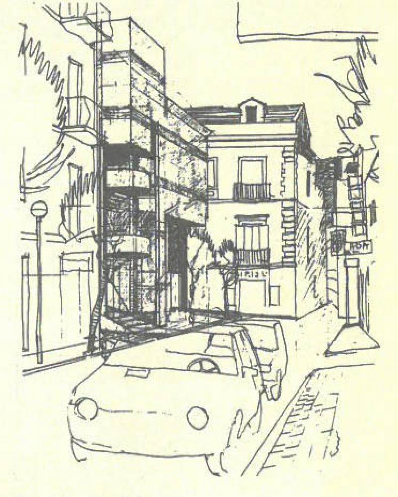 Progetto, schizzo prospettico con la soluzione della scala esterna