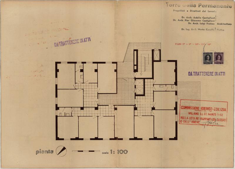 Pianta ottavo, nono, decimo, undicesimo e dodicesimo piano. Scala 1:100