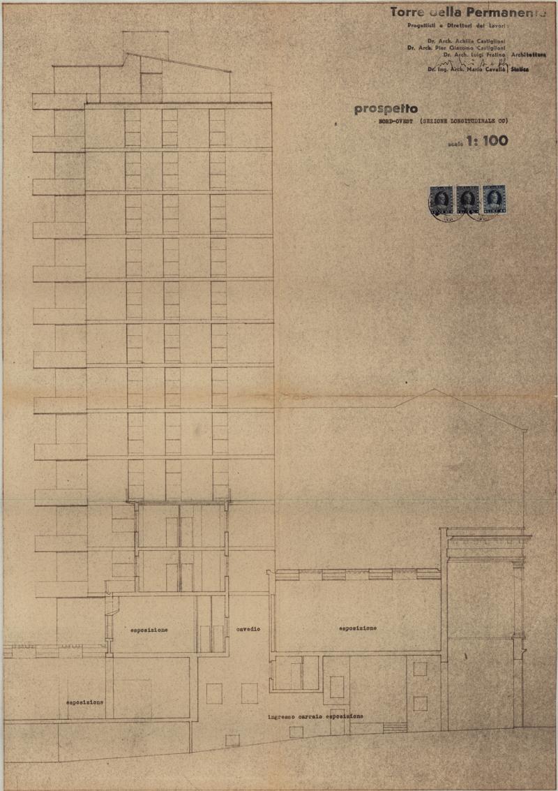 Prospetto nord-ovest e sezione longitudinale. Scala 1:100