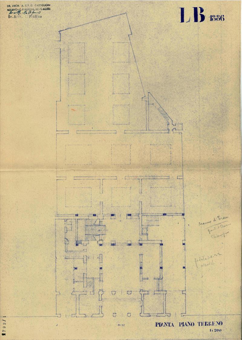Pianta piano terra. Rilievo dell'edificio di Beltrami e appunti di progetto. Scala 1:200