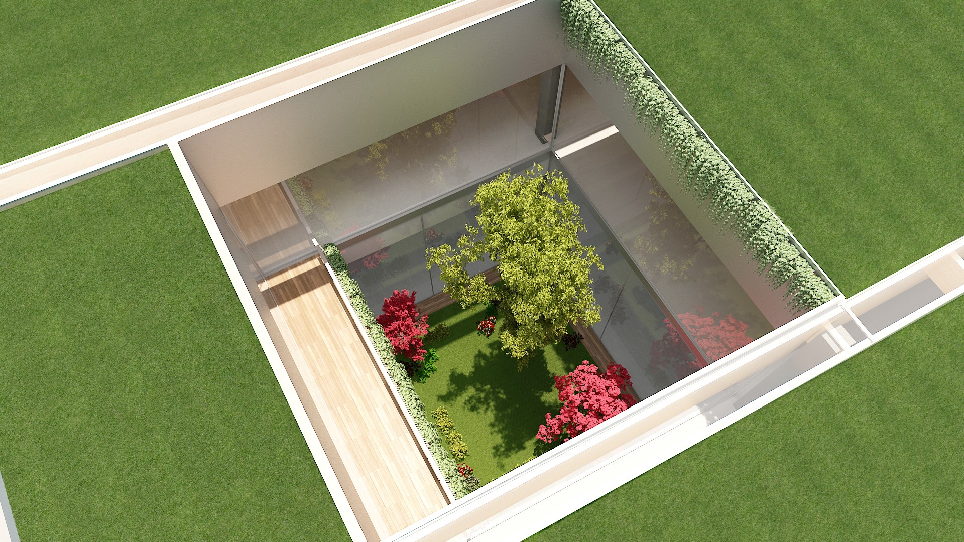 Render, Vista dell'alto della corte interna dal giardino pensile in copertura