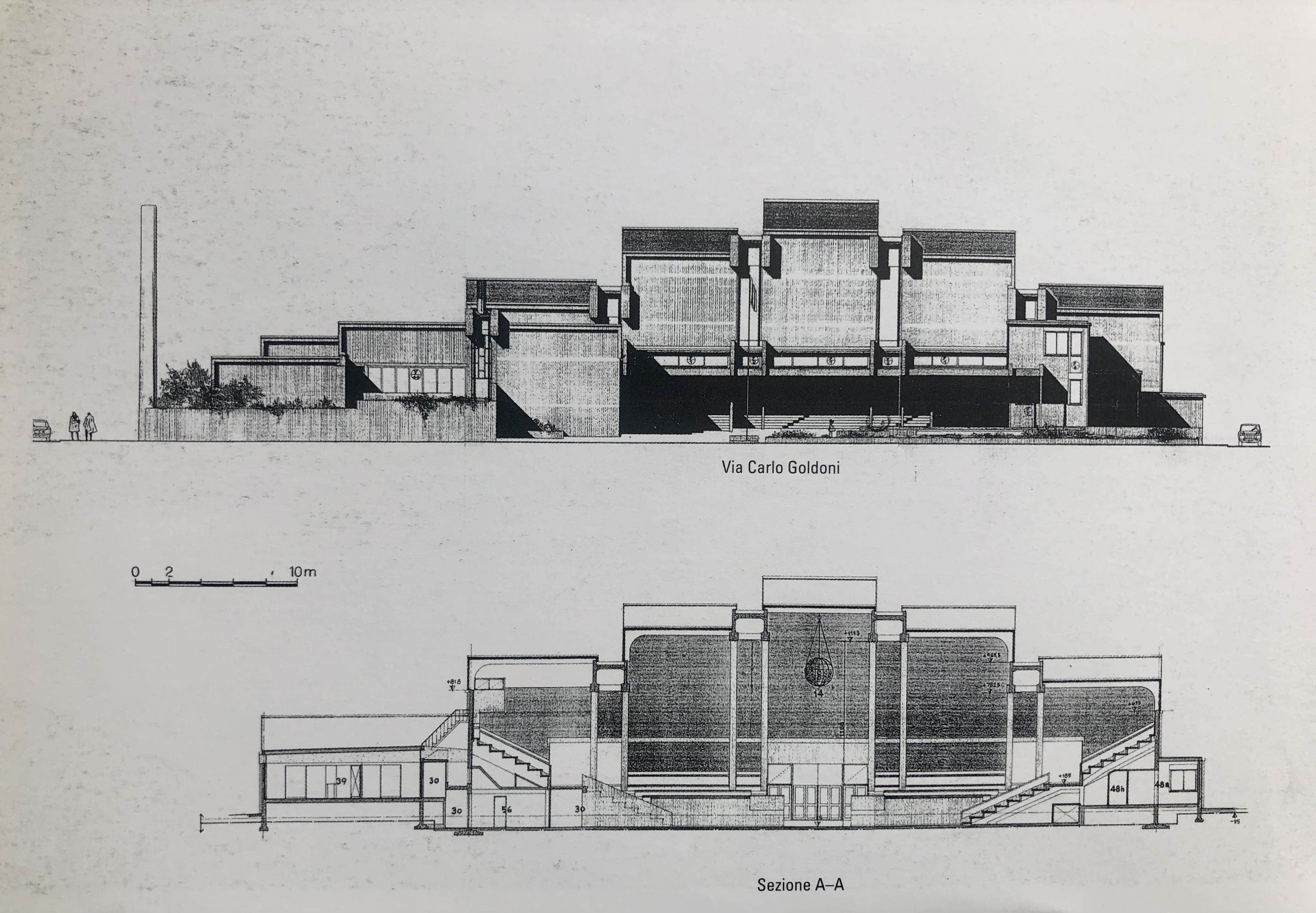 Prospetto principale sud; sezione trasversale