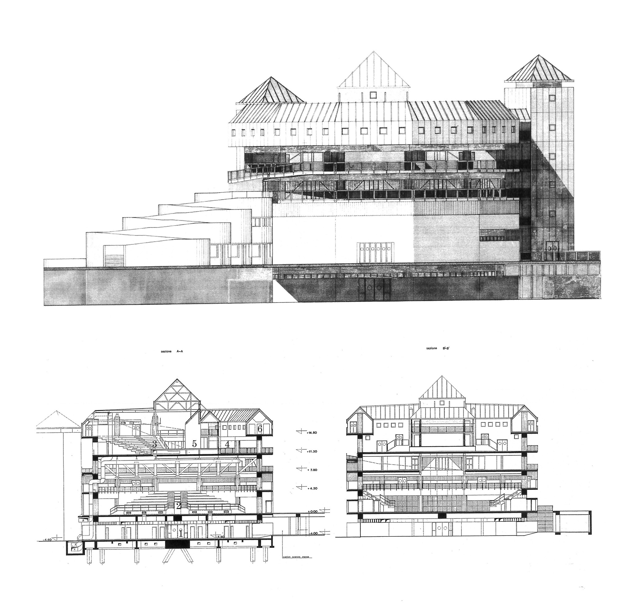 Centro servizi. Prospetto nord ovest e sezioni: 1. mercato coperto; 2. palestra con tribune; 3. teatro coperto; 4. teatro all'aperto; 5. palcoscenico passante; 6. biblioteca; 7. camerini