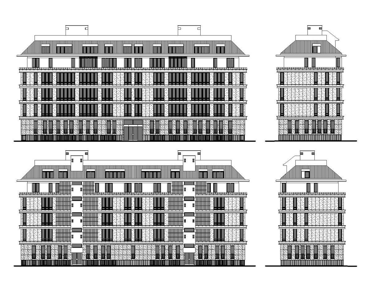 Prospetti. Scala 1:200. Ridisegno di D. Galli.