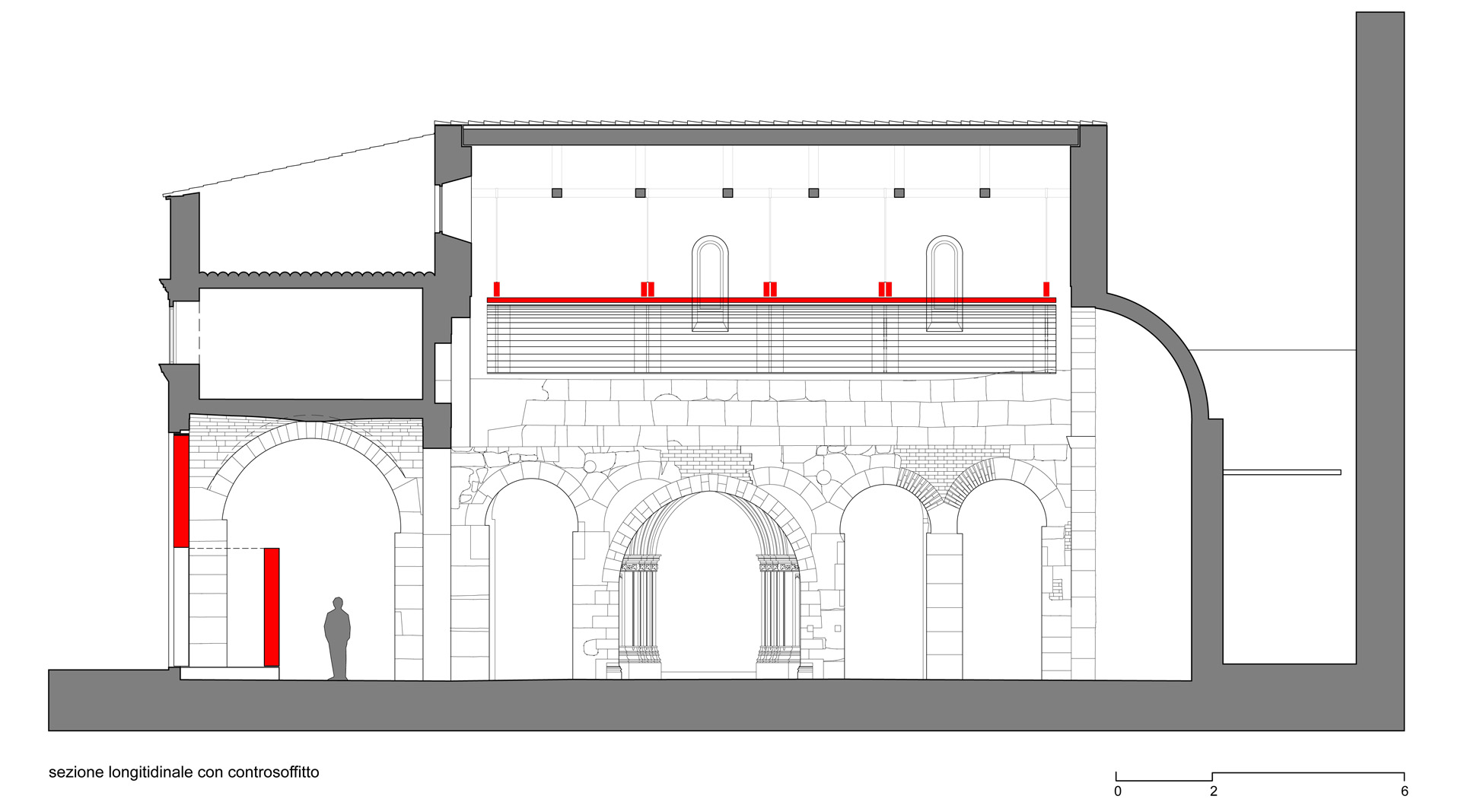 Sezione longitudinale con il controsoffitto e il portale 