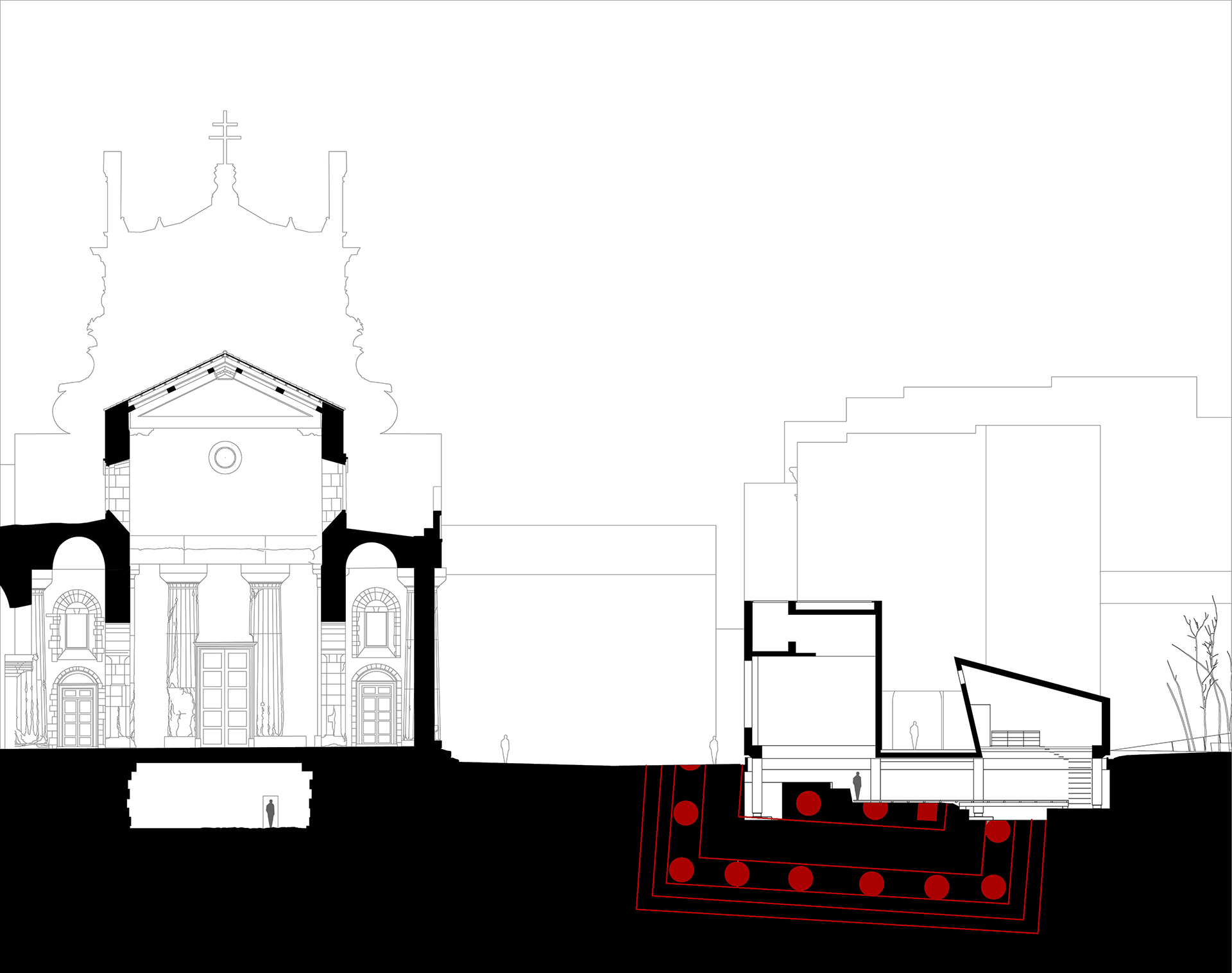 Sezione trasversale di Piazza Minerva. La Cattedrale e il Padiglione d’ingresso al Tempio Ionico
