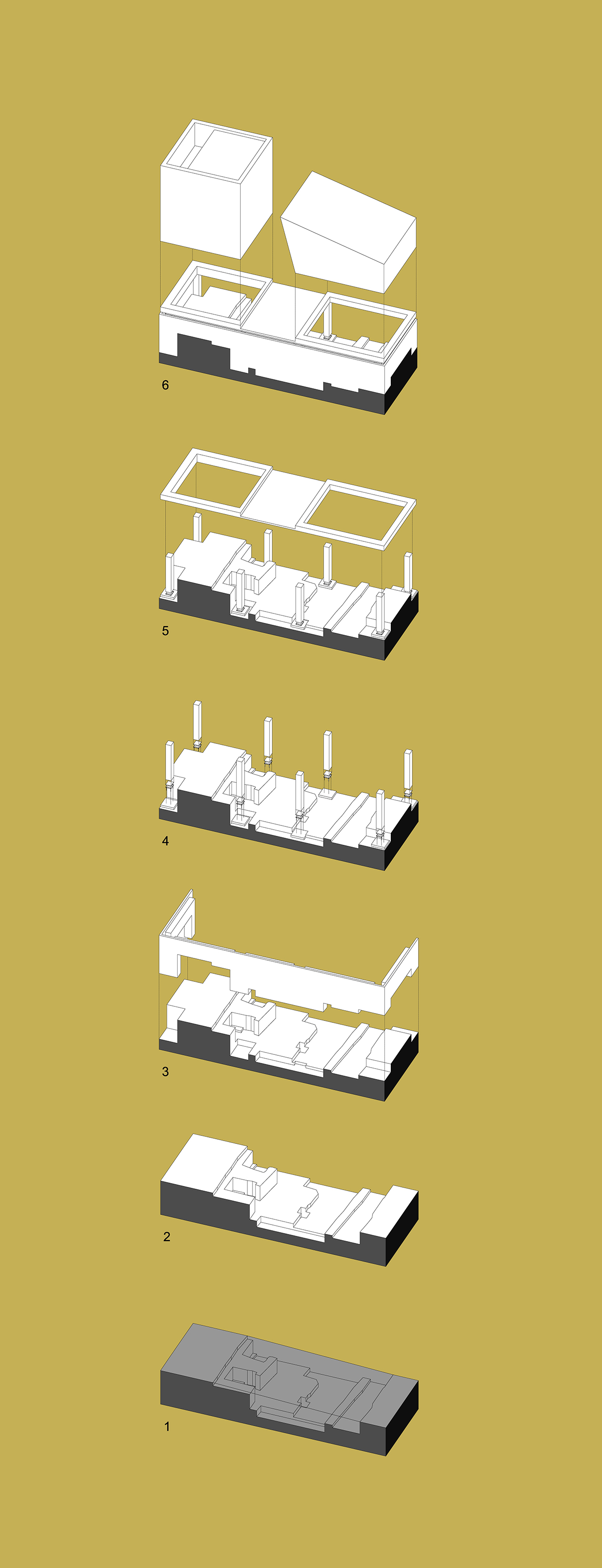 Esploso assonometrico con la sequenza delle fasi di progetto
