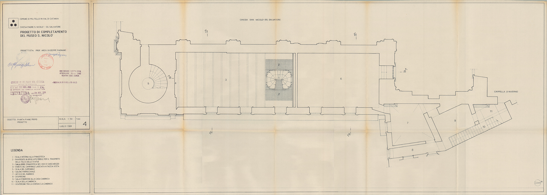 Progetto di completamento del Museo San Nicolò, 1988 - Pianta del progetto al primo piano