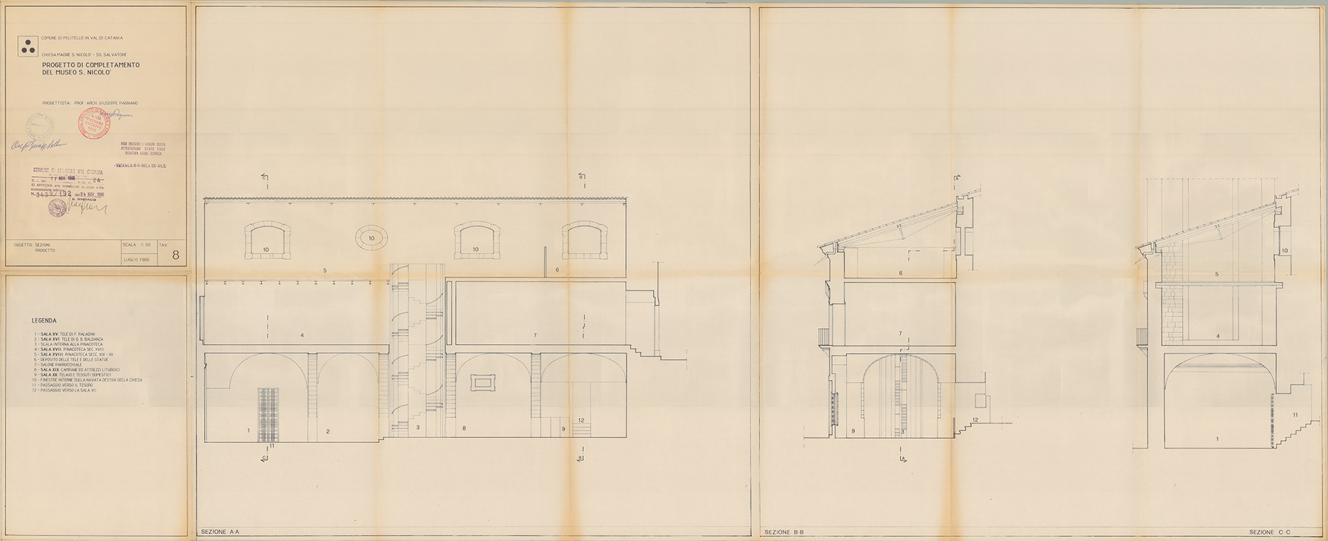 Progetto di completamento del Museo San Nicolò, 1988 - Sezioni di progetto