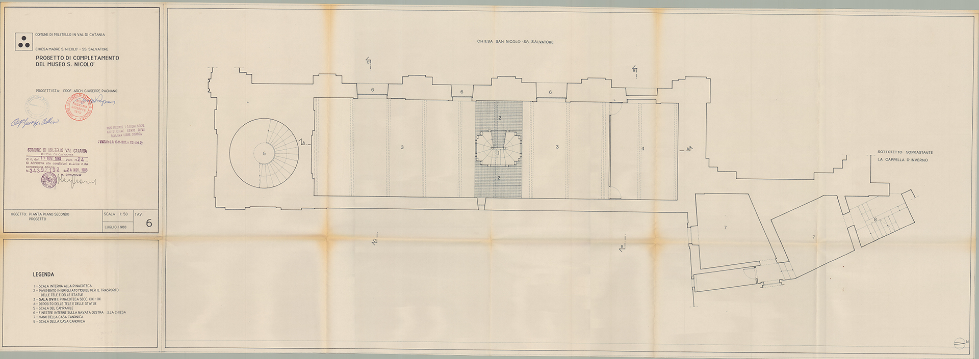 Progetto di completamento del Museo San Nicolò, 1988 - Pianta del progetto al piano secondo 