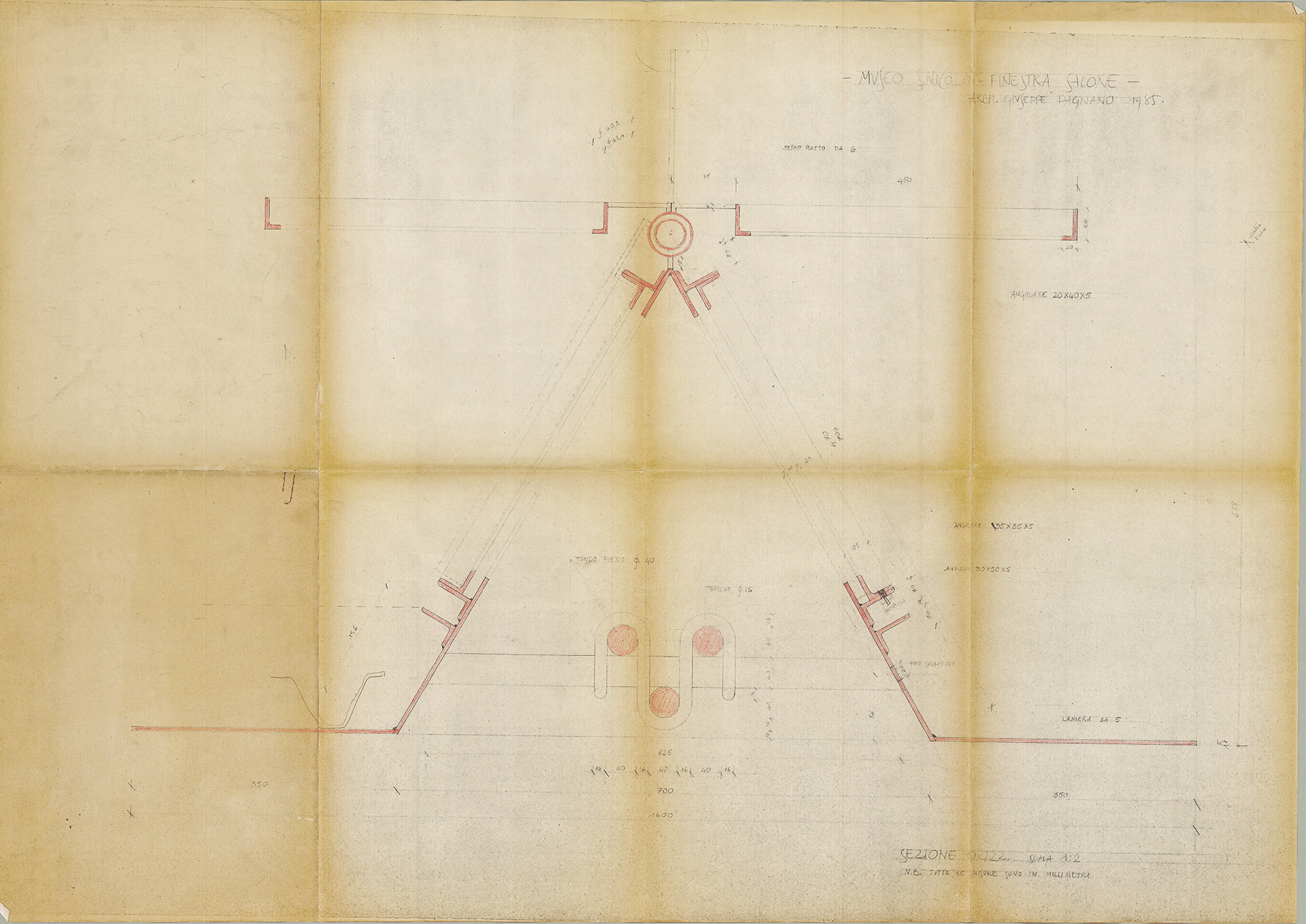 Progetto della finestra del salone - sezione orizzontale, 1982