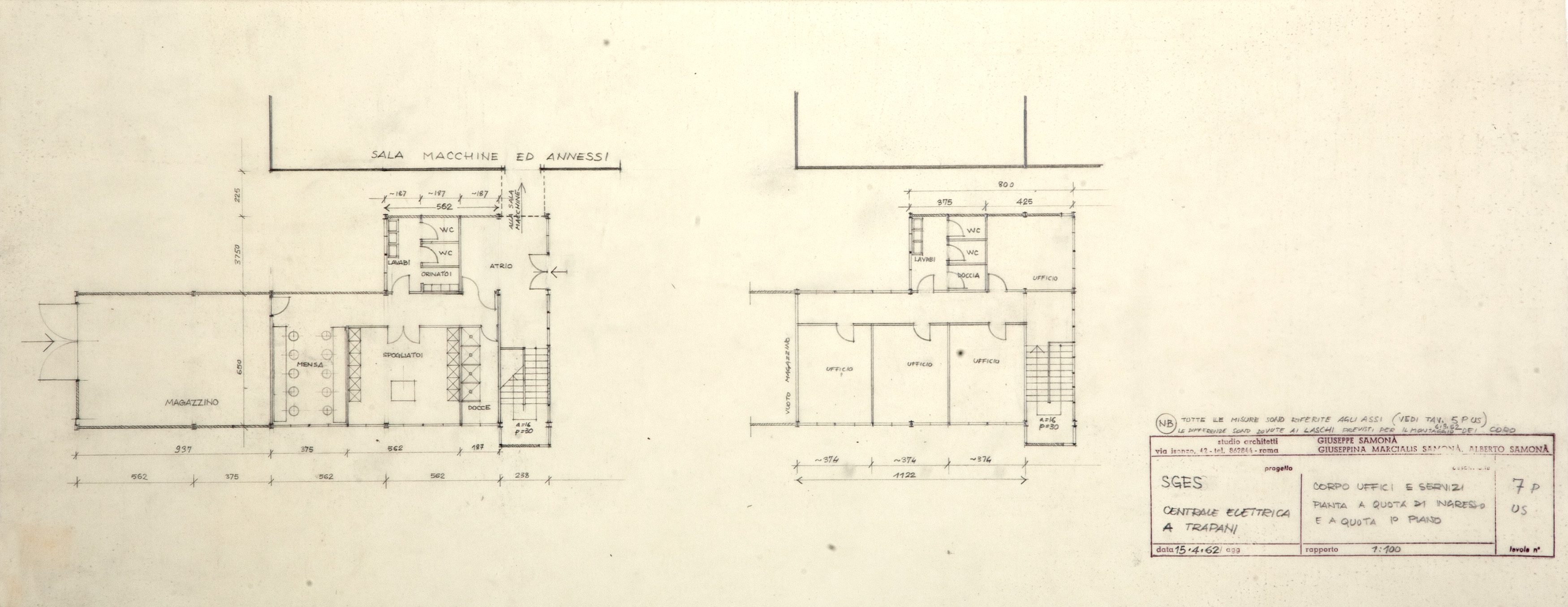Tavola di progetto, pianta del corpo degli uffici (© CSAC Parma)