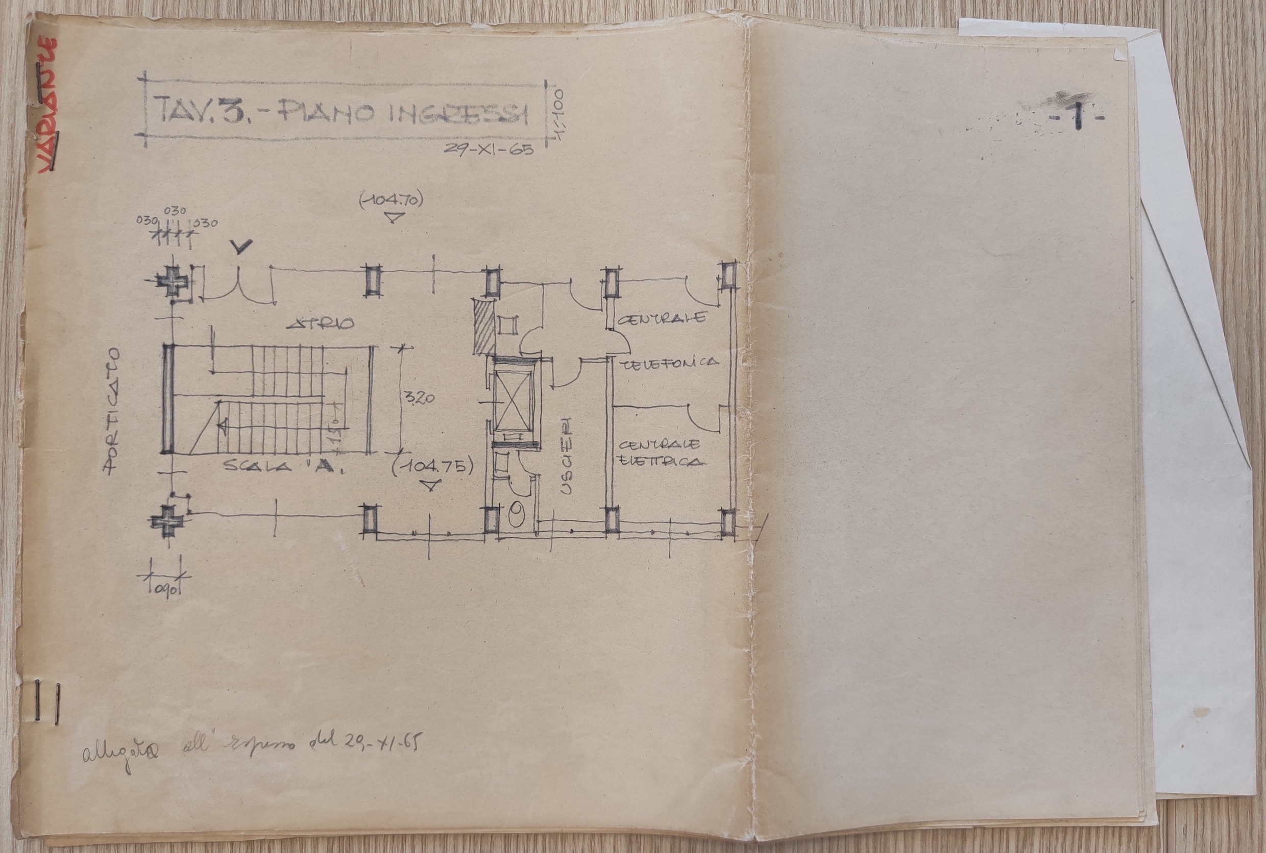 Progetto esecutivo Battaglini - de Sanctis - Tenca. Tavola n. 3, variante relativa al piano ingressi, scala 1:100, 29 novembre 1965