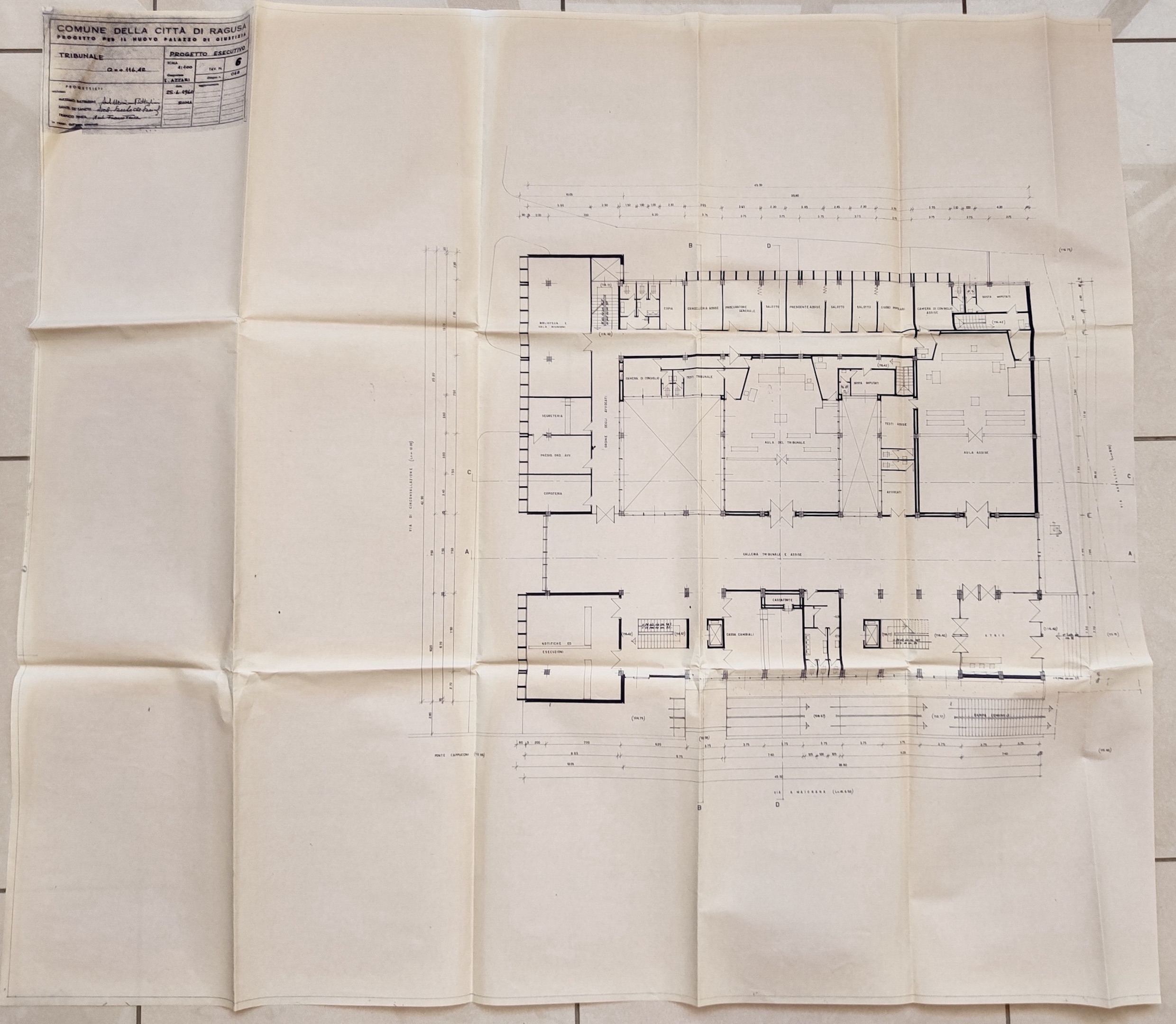 Progetto esecutivo Battaglini - de Sanctis - Tenca. Tavola n. 6 relativa alla planimetria della quota a 116 m destinata al Tribunale, scala 1:50, 25 giugno 1960