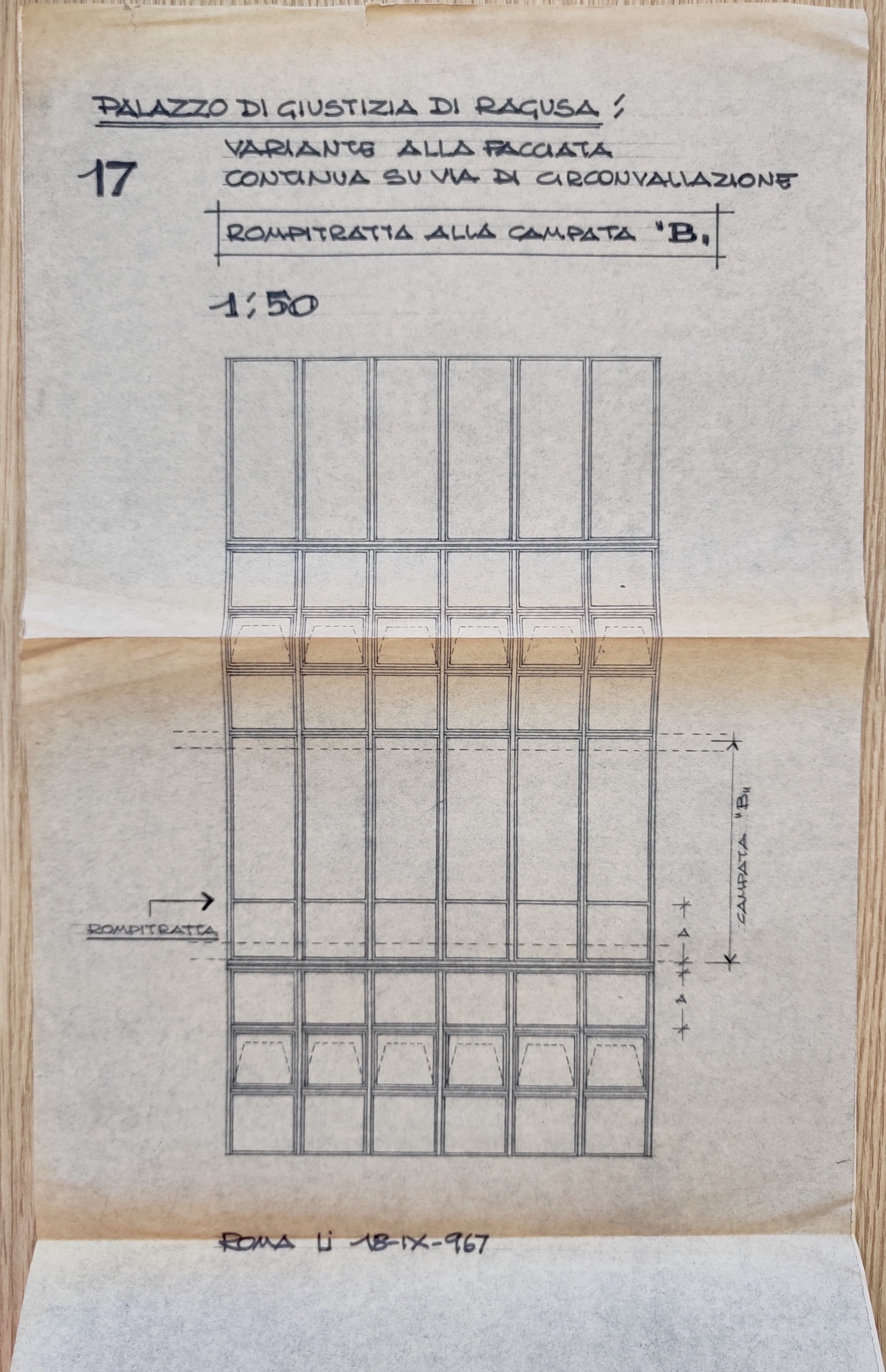 Progetto esecutivo Battaglini - de Sanctis - Tenca. Tavola n. 17 relativa alla variante alla facciata continua su via di Circonvallazione, scala 1:50, 18 settembre 1967