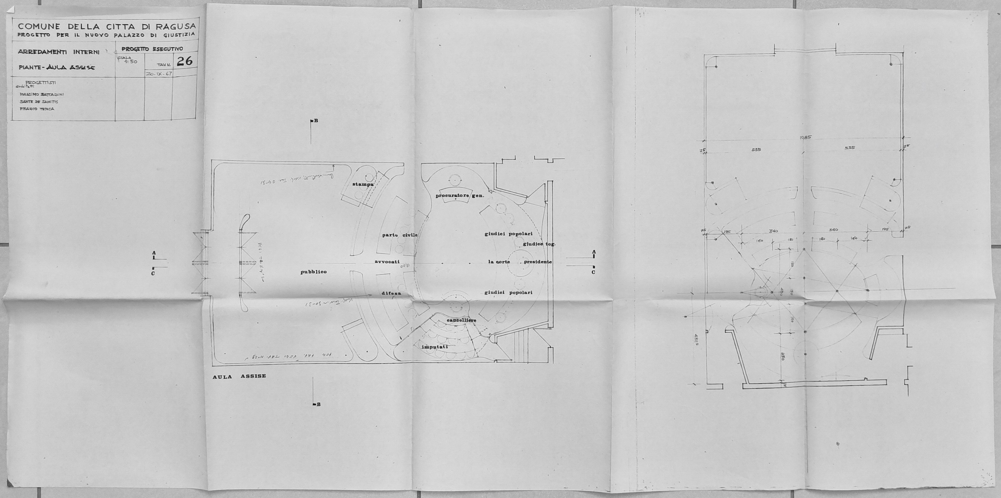 Progetto esecutivo Battaglini - de Sanctis - Tenca. Tavola n. 26 relativa ad arredamenti interni e piante dell’aula di Assise, scala 1:50, 20 settembre 1967