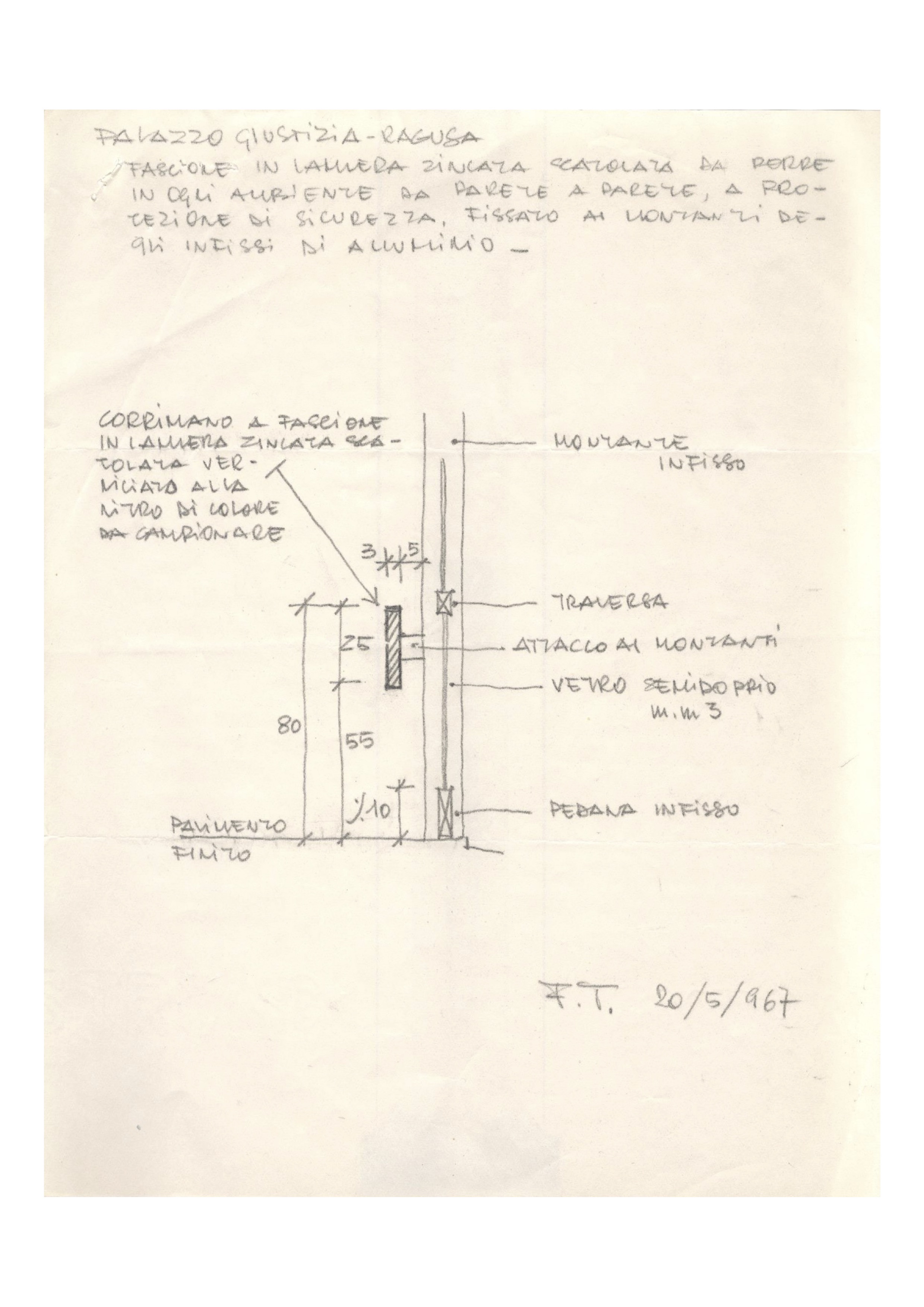 Disegno esecutivo di Franco Tenca, relativo al dettaglio della lamiera zincata scatolata da porre in ogni ambiente da parete a parete a protezione di sicurezza, 20 maggio 1967