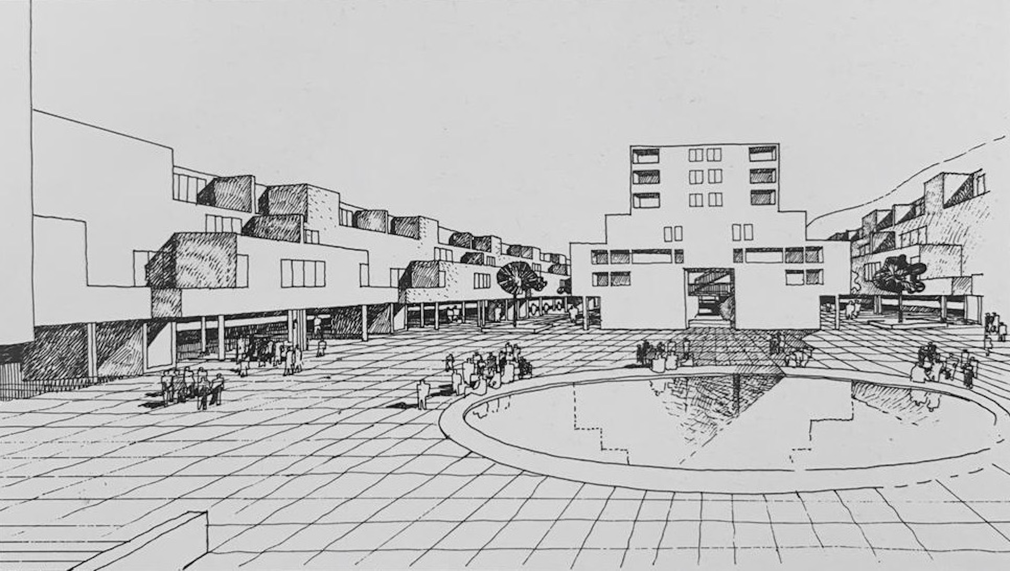 Prospettiva della piazzetta centrale, poi non completata secondo il progetto