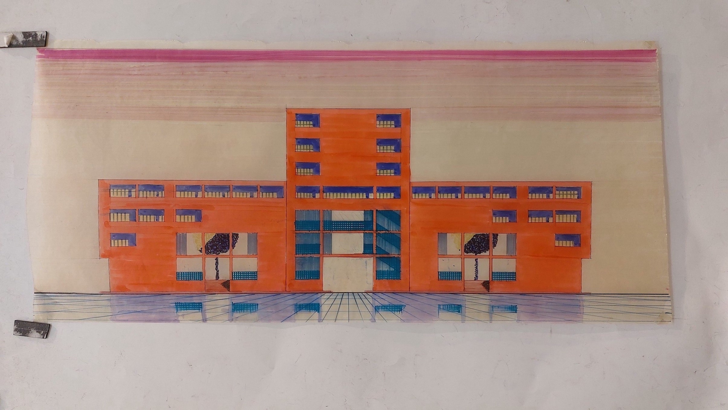 Disegno del prospetto di una testata, tecnica mista (matita, penna, pastello, tempera)