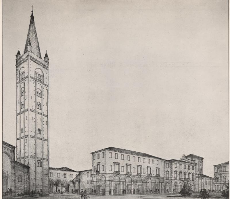 copia fotografica di disegno prospettico  Forlì. Piazza Saffi n°6. Stabile in condominio tra la Soc. Timo, La Comit e la R.A.S