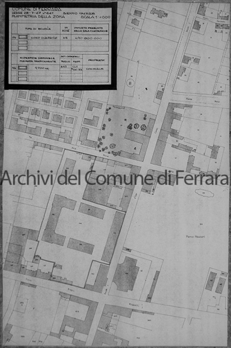 Planimetria della zona – scala 1:1000 (Comune di Ferrara, Legge 28/07/1967 m° 641, biennio 1967/68)