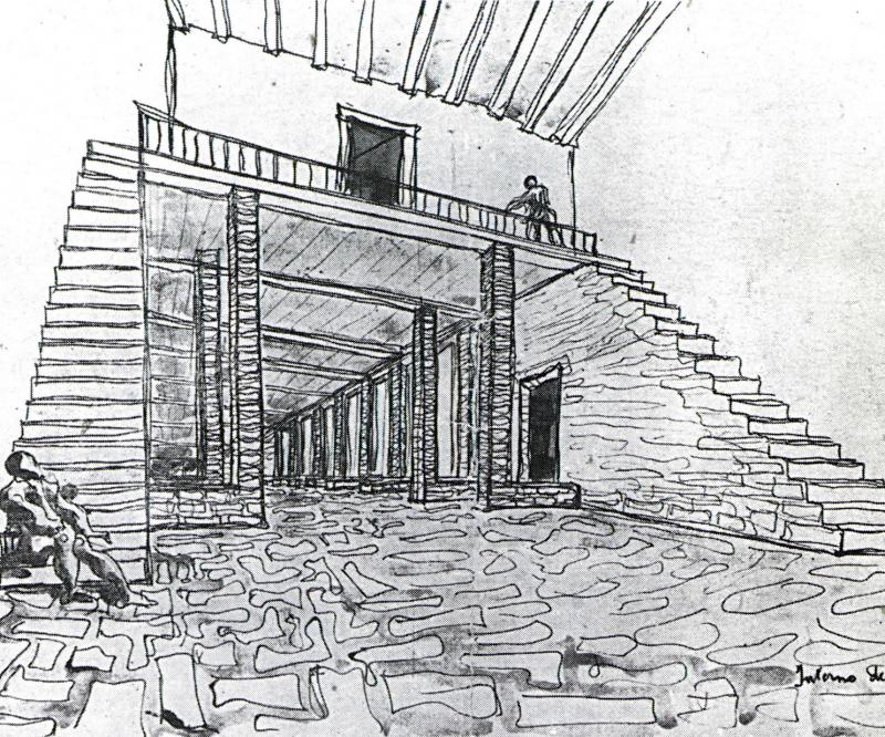 Leonardo Ricci, Interno del salone, 1947. Si tratta dell’atrio rivolto verso la chiesa all’aperto