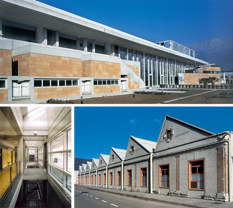 nuovo edificio e capannoni recuperati e interno