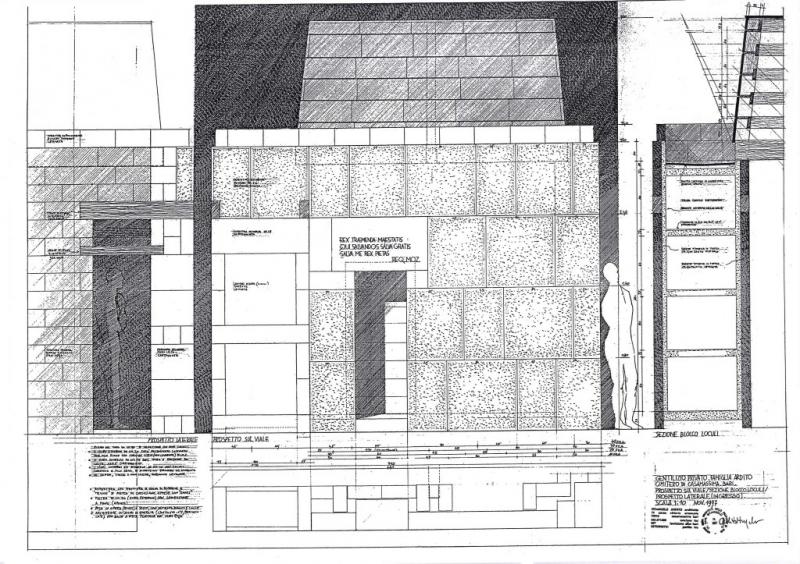 Prospetto laterale, prospetto frontale e sezione con dettagli costruttivi