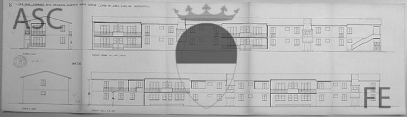 Fianco a sud, fronte verso gli orti – ovest, Fianco a nord, fronte via – est – scala 1:100 (1953)