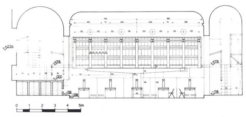 Sezione longitudinale sulla sala lettura della biblioteca