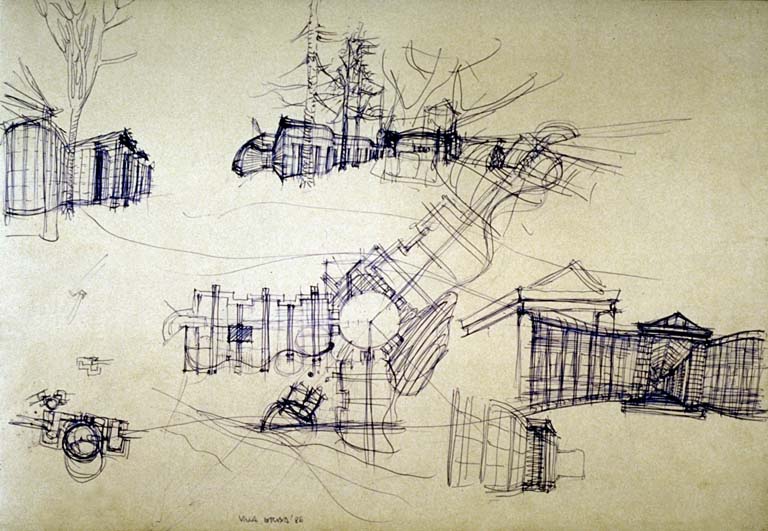 Schizzi di studio: pianta e prospettive del padiglione. Schizzo a mano libera