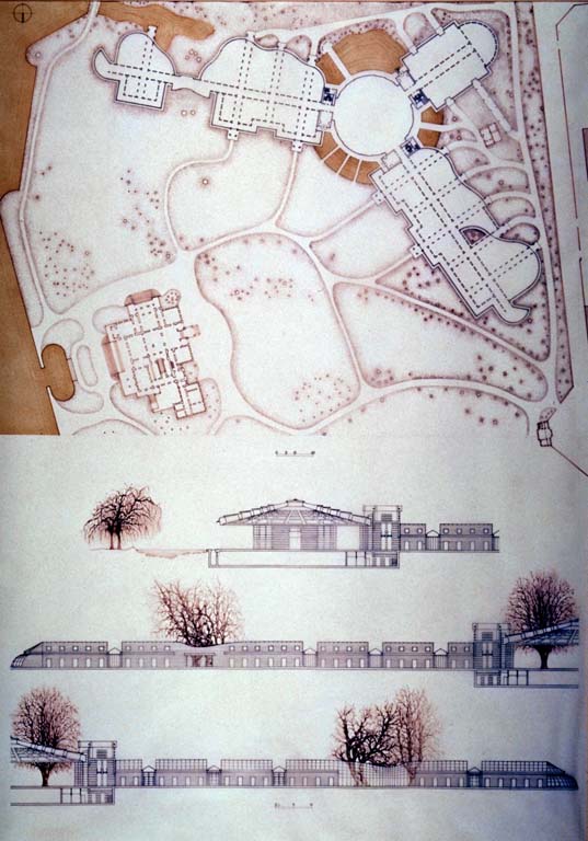 Pianta della villa esistente e del nuovo Centro Espositivo Congressuale; sezione e prospetti del nuovo Centro Espositivo Congressuale. Disegno tecnico