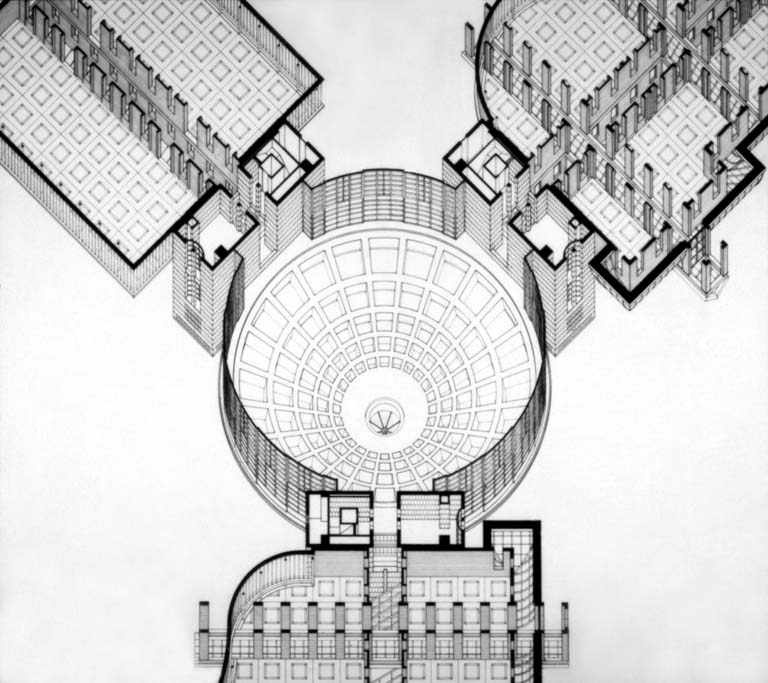 Spaccato assonometrico dal basso del padiglione centrale e parte delle tre ali. Disegno tecnico