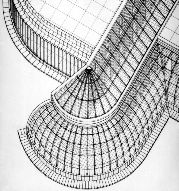 Assonometria della testata dell'ala Lario verso il lago. Disegno tecnico