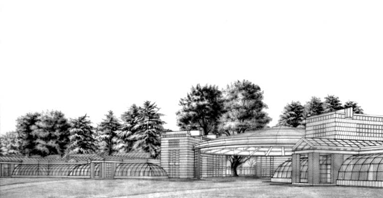 Vista prospettica del padiglione dalla radura. Disegno tecnico