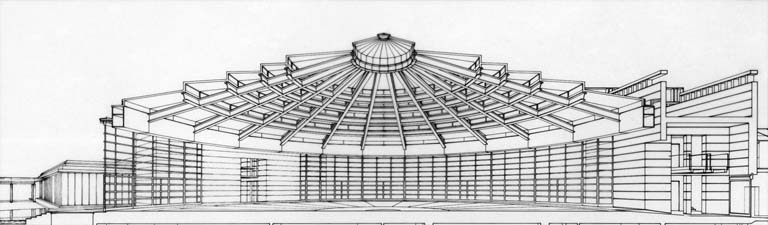 Spaccato prospettico del padiglione centrale. Disegno tecnico