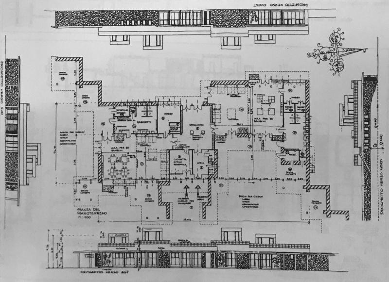 Prospetti e pianta del piano terreno dell’asilo II 