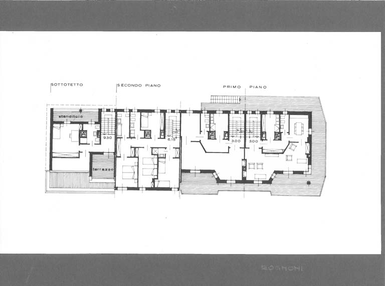 Pianta piano terra. Stampa fotografica b/n. (Archivio Giorgio Monico e Sergio Cobolli Gigli). Primary subject is Residence per le famiglie di quattro fratelli in Varenna, in the Fiumelatte area. The surrounding environment shows the urban or architectural context of the building, with the work presented as the main focus.