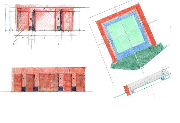 Schizzi di studio: pianta, prospetti e sezione. Disegno tecnico a matita e pastello