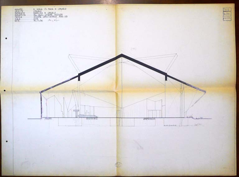 Sezione longitudinale nord sud. Scala 1:100, 30/5/1961. Copia eliografica piegata con interventi manuali