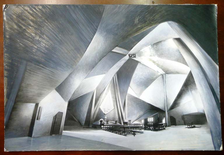 Chiesa della Beata Vergine Immacolata, Longuelo. Interno con ritocchi a mano. Stampa fotografica b/n. 