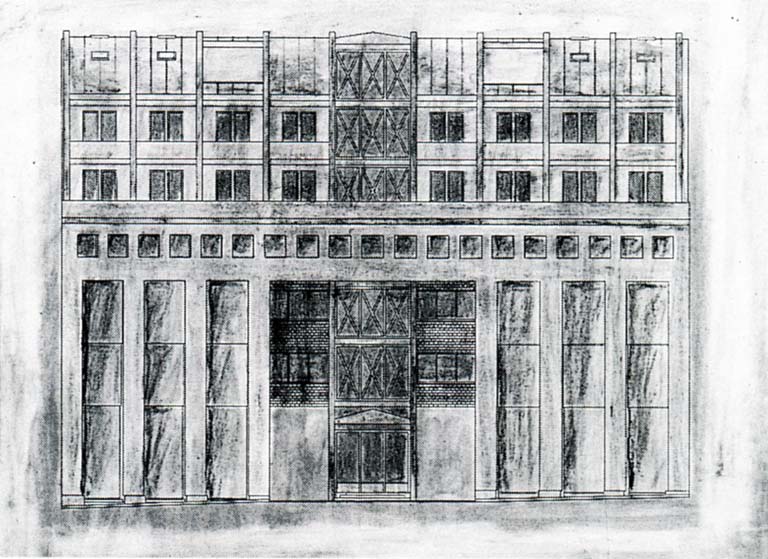 Prospetto verso strada. Disegno tecnico a mano libera