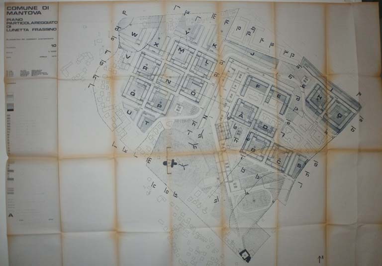 Piano particolareggiato di Lunetta Frassino. Planimetria dei comparti di intervento. Tav. 10. Scala 1:100, aprile 1975. Copia eliografica piegata