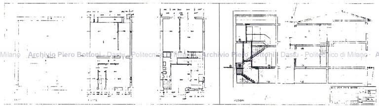 Casa a schiera con negozi in via Agrigento 9 al QT8, Mi, 1950-53. Dis. 1, piante e sezioni. Scala 1:50, 6 maggio 1950. Matita su lucido
